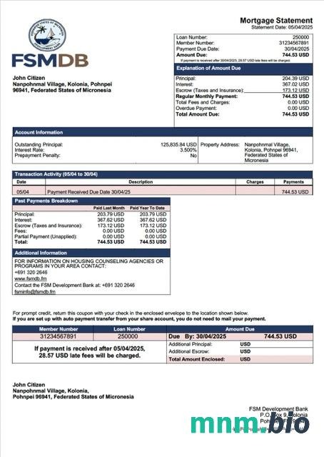 Mikronezja FSM Development Bank wyciąg z kredytu hipotecznego szablon Word i PDF